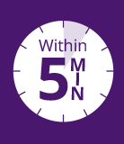 purple colored square icon of a clock showing 'within 5 minutes'